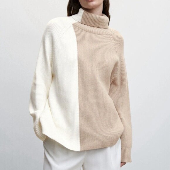 MNG Mango Womens Long Sleeve Color Block Pullover Ribbed Turtleneck Sweater Sz M - Picture 2 of 6